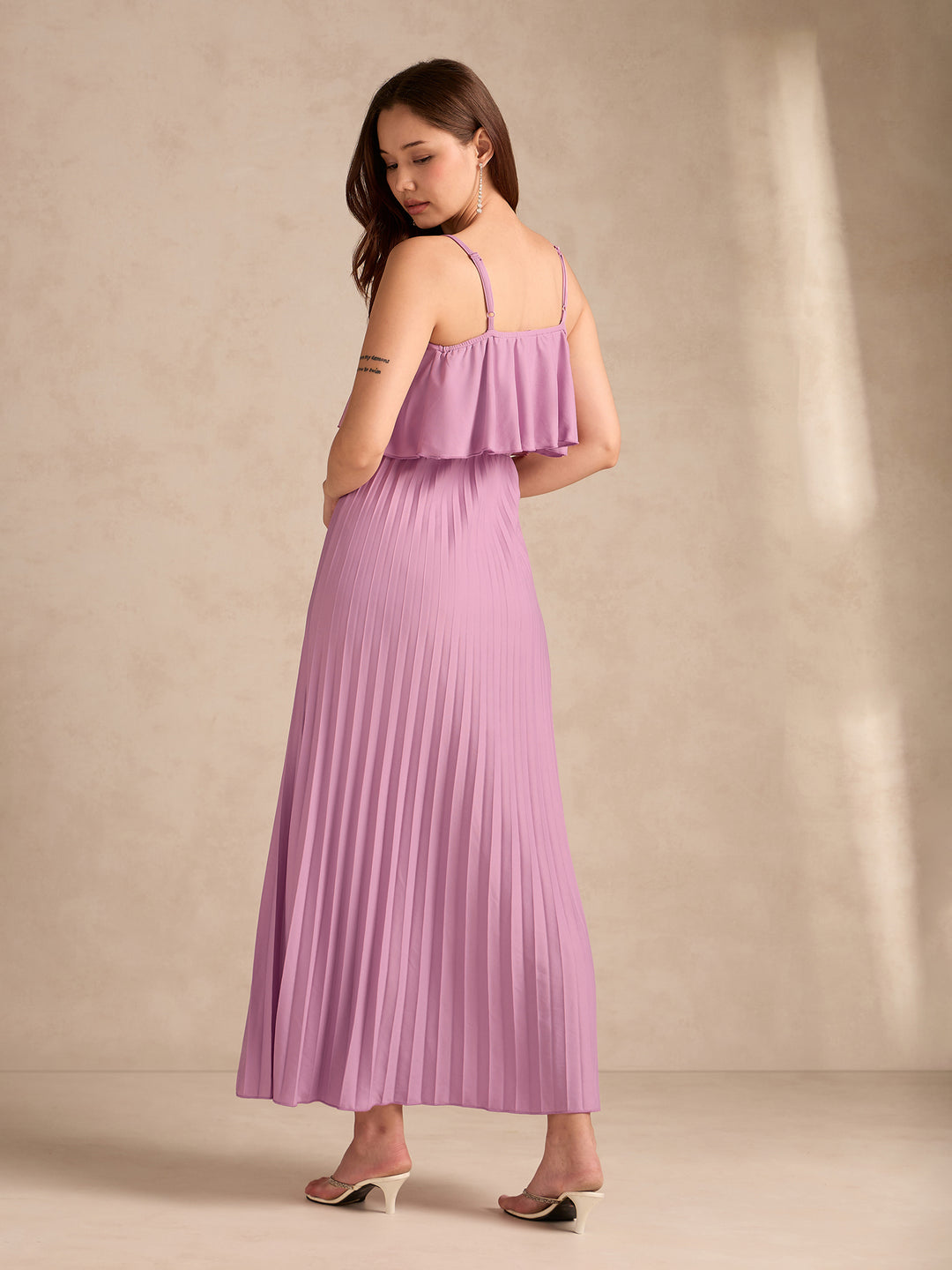 Pink Strappy Pleated Maxi Dress