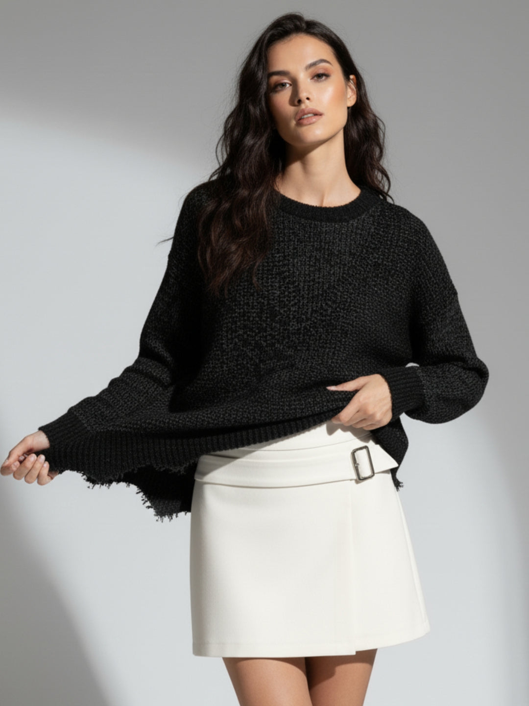 Grey Full Sleeve Crew Neck Fringe Hem Sweater