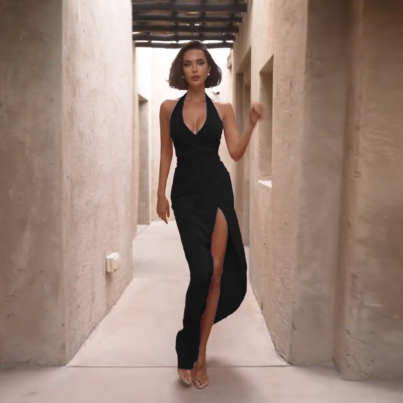 Black Halter Neck Solid Dress