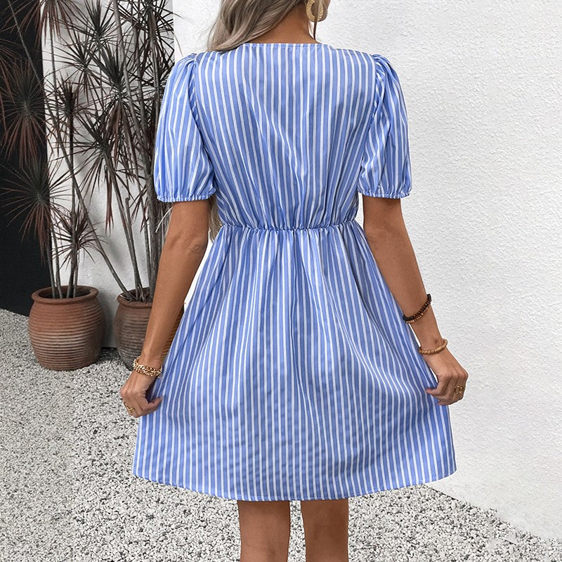 Blue And White Striped A-Line Dress With Puff Sleeve And Bows At Front