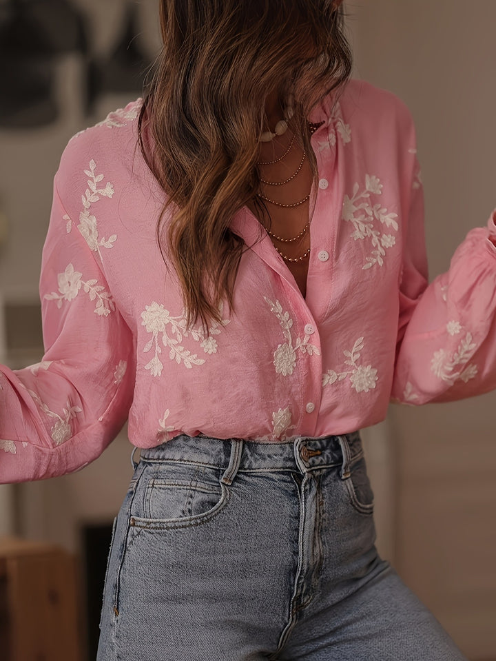 Pink  Bishop Sleeve Front Buttoned Embroidered Top