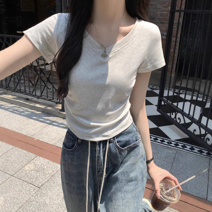 Grey V Neck Fitted Top