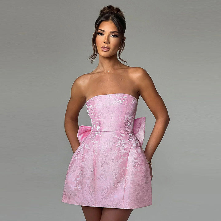 Pink  Bardot Floral Jacquard Skater Dress With Big Bow At Back