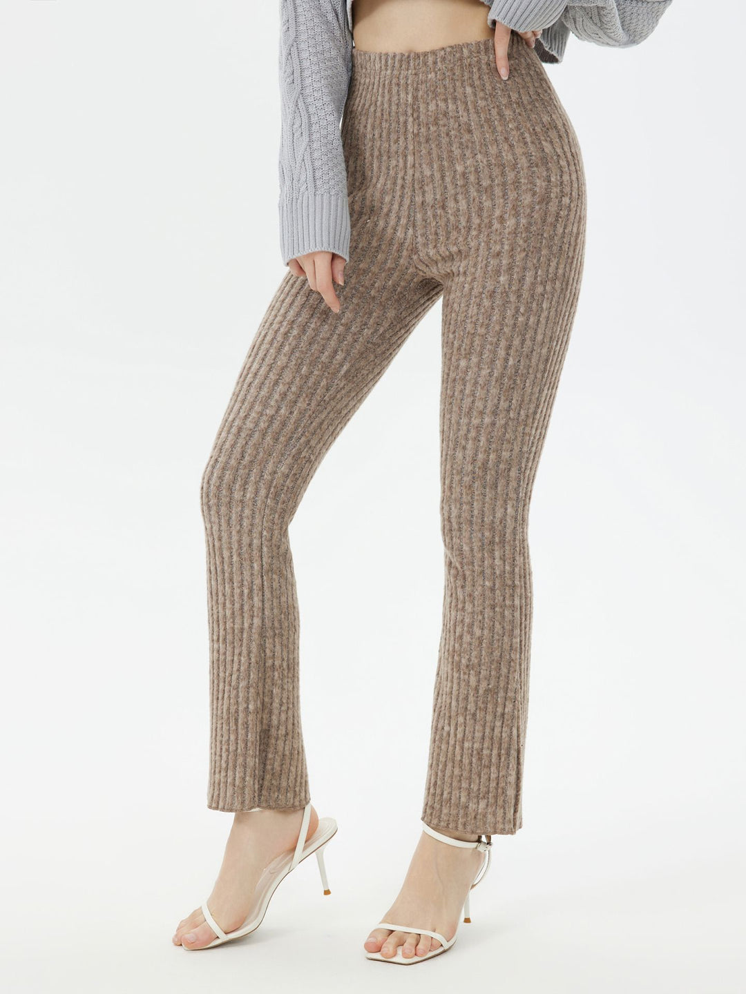 Khaki Rib Textured Flare Leggings