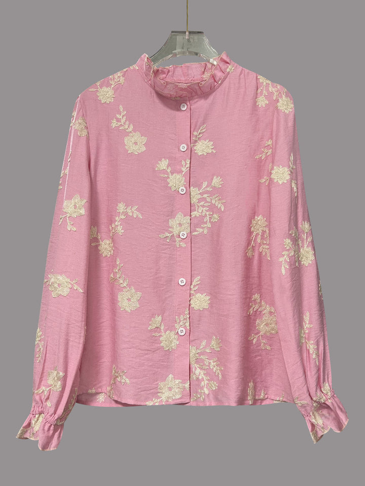 Pink  Bishop Sleeve Front Buttoned Embroidered Top