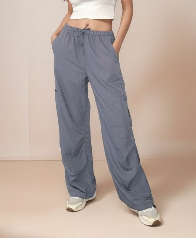 Grey Cargo Pockets Drawstring Wid Leg Trouser