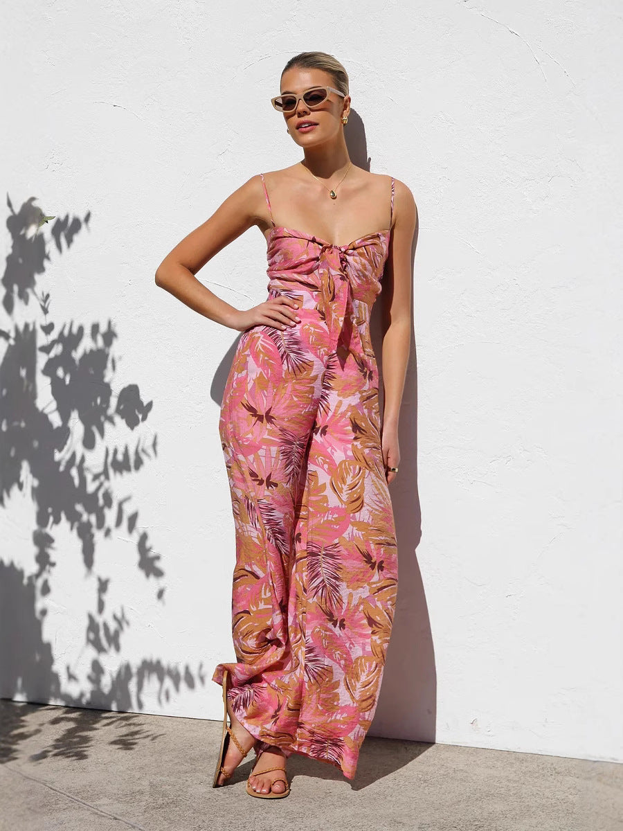 Multi Abstract Printed Spaghetti Strap Front Knot Dress