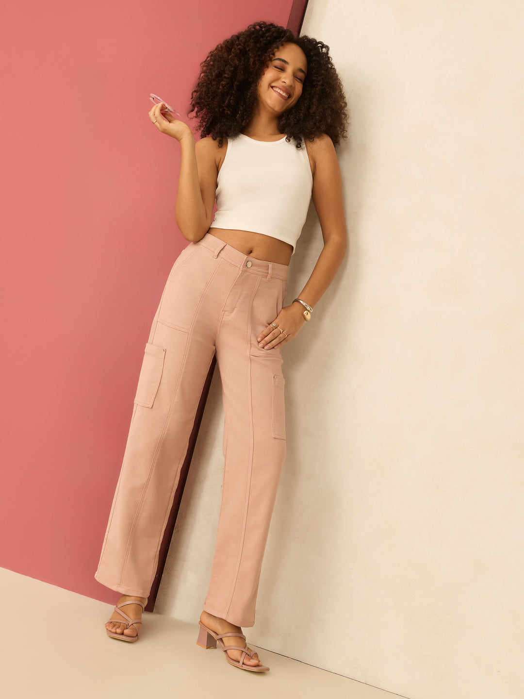 Pink Cargo Style Straight Fit Jeans