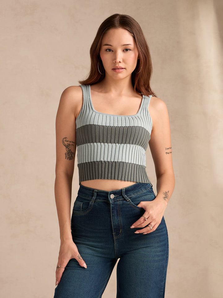 Grey Square Neck Flat Knit Tank