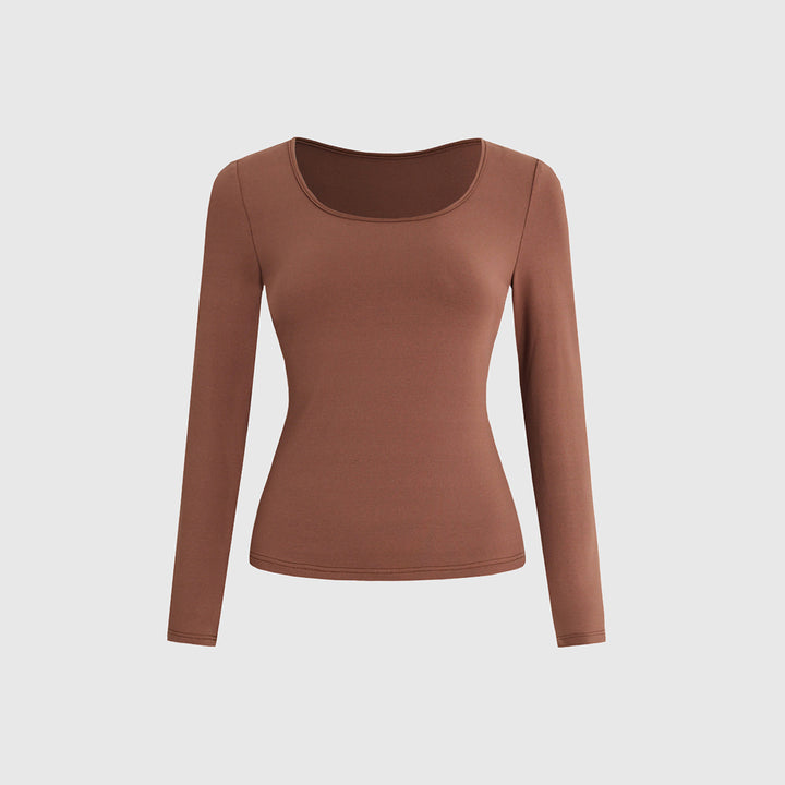 Brown Full Sleeve Round Neck Fitted Top