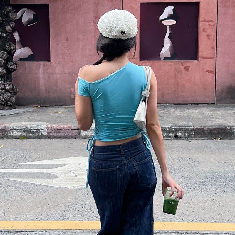 Blue One Off Shoulder Ruched Tanked Top