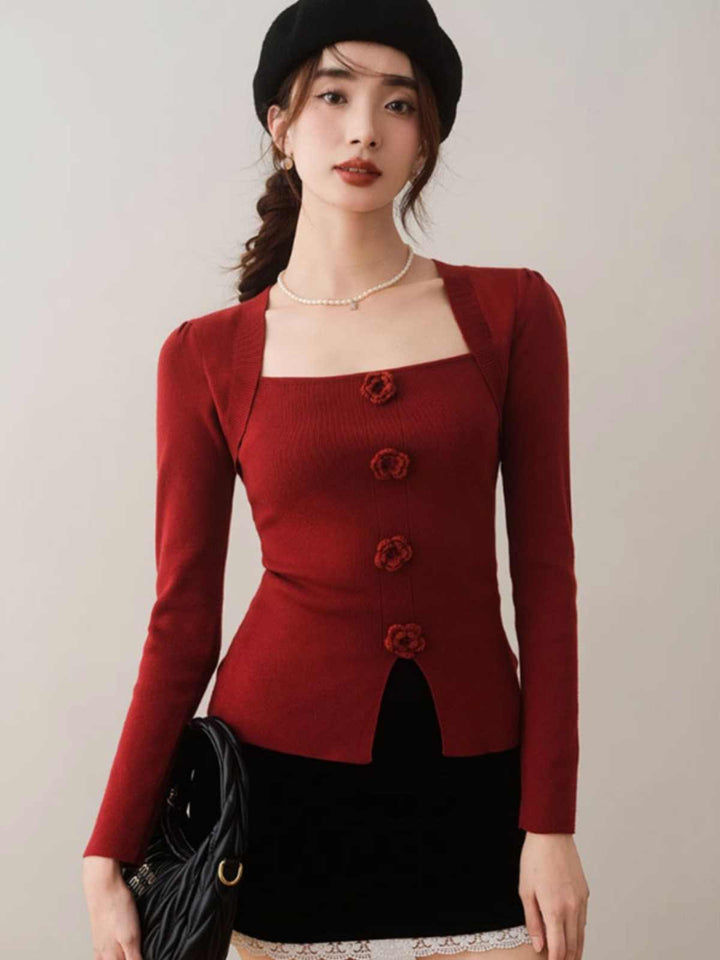 Maroon Full Sleeve Square Neck Flower Trim Top