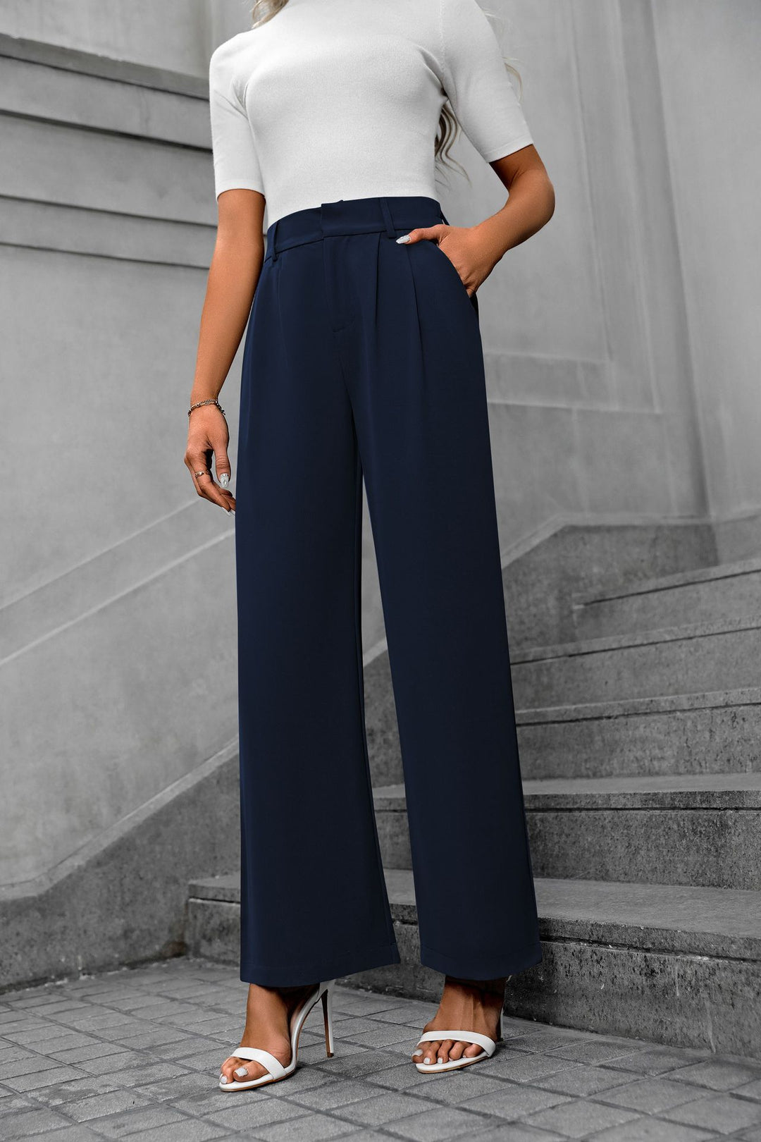 Navy Blue Waist Band Pleated Straight Fit Pants