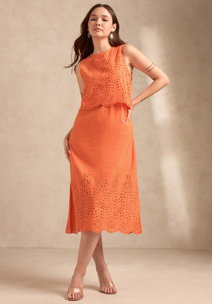 Orange Sleeveless Schiffli Maxi Dress
