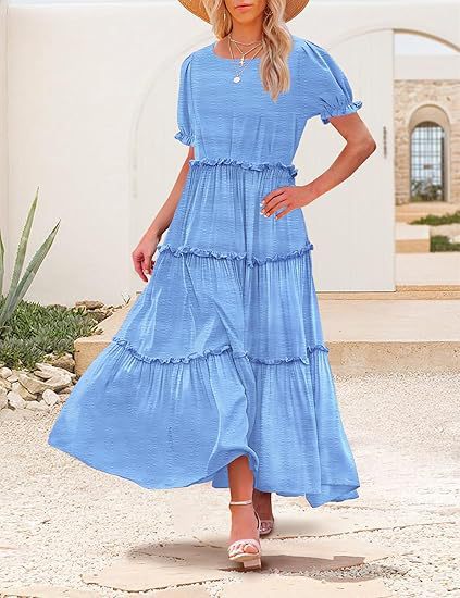 Light Blue Scoop Round Neck Printed Tiered Dress
