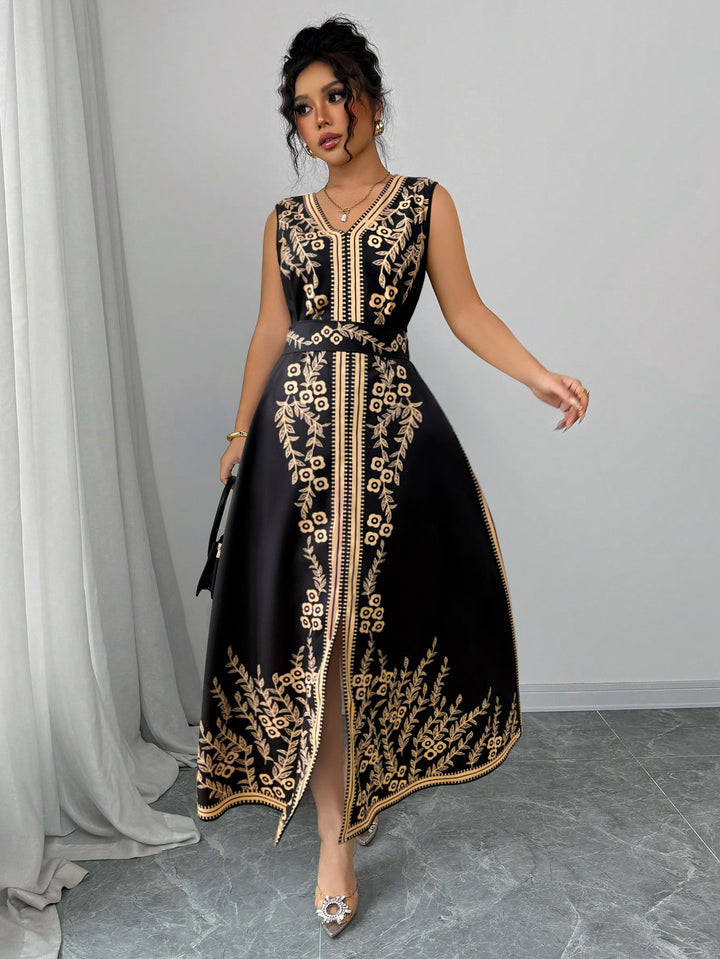 Black Printed Plunge Neck Maxi Dress