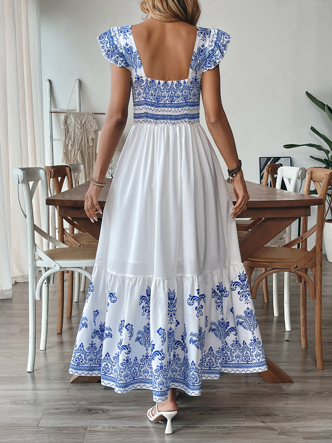 White Printed Flutter Sleeves Tiered Dress