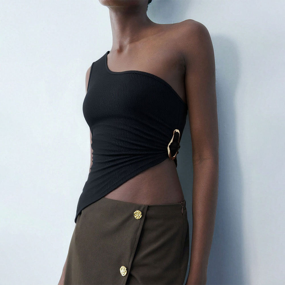 Black One Shoulder Buckle Attached Asymmetrical Top