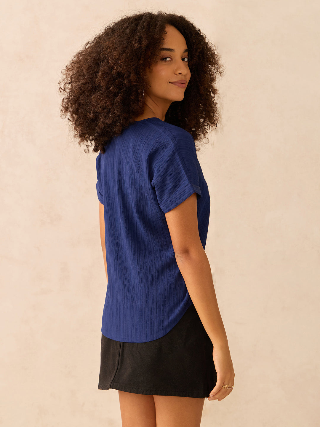 Blue Extended Shoulder Top With Front Zipper Detail