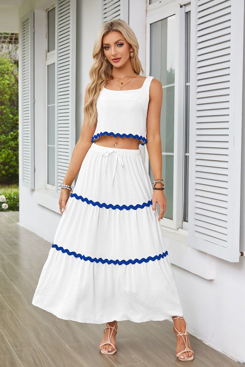 Off White Contrast Tipping Top And Skirt Co-Ord Set