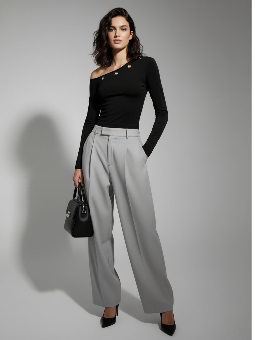 Black One-Shoulder With Metal Eyelet Detail Knit Top