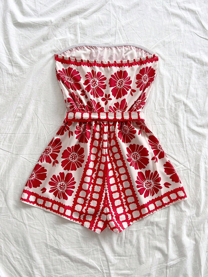 Red Printed Wrap Playsuits