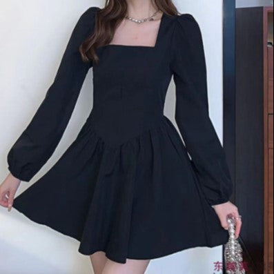 Black Square Neck Full Sleeve Fit And Flare Dress