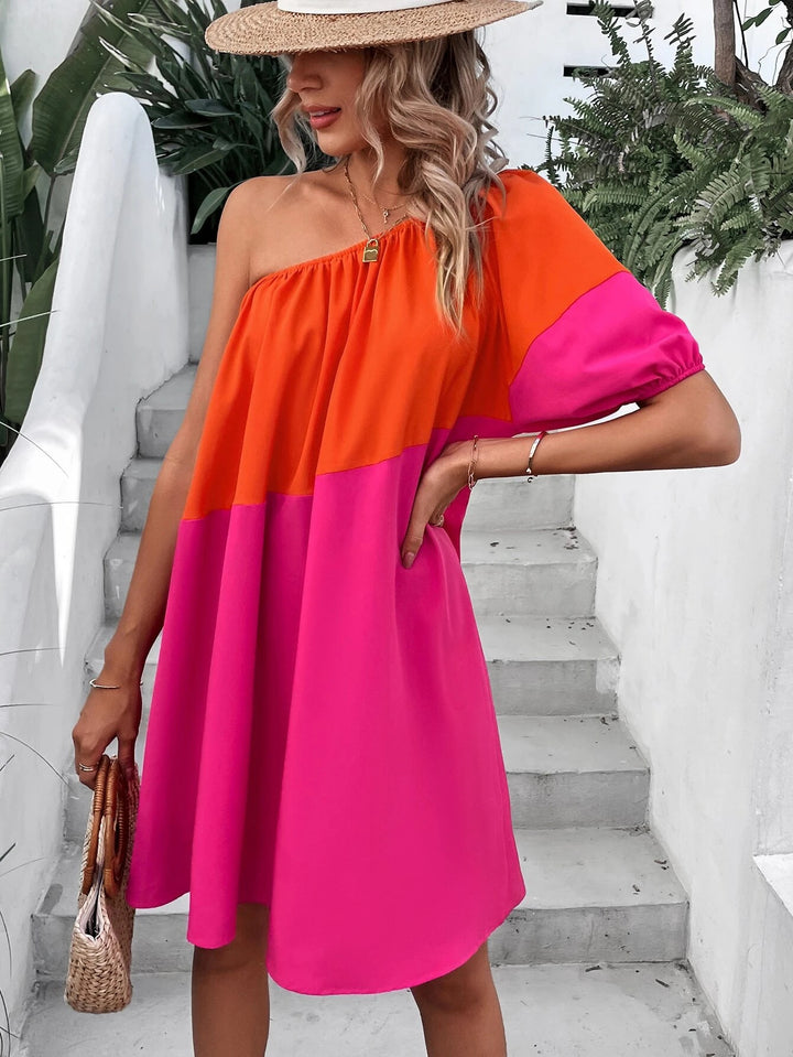 Multi Dual Toned One Shoulder Shift Dress