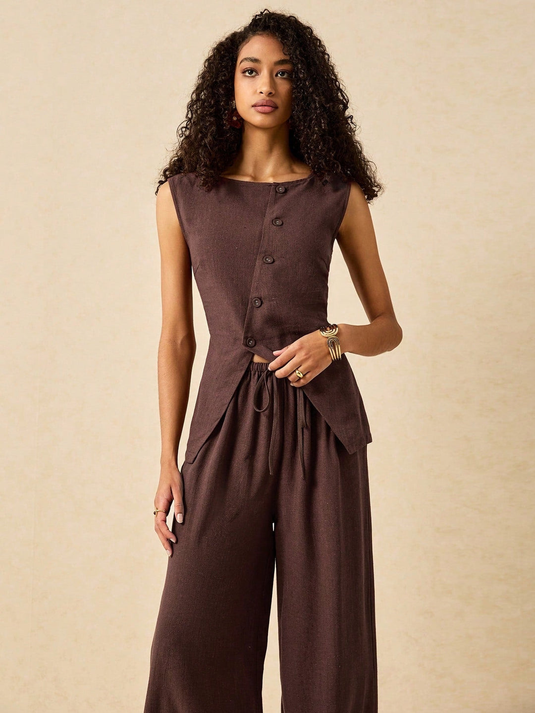 Brown Sleeveless Front Buttoned Vest And Pant Set
