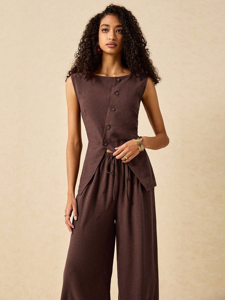 Brown Sleeveless Front Buttoned Vest And Pant Set