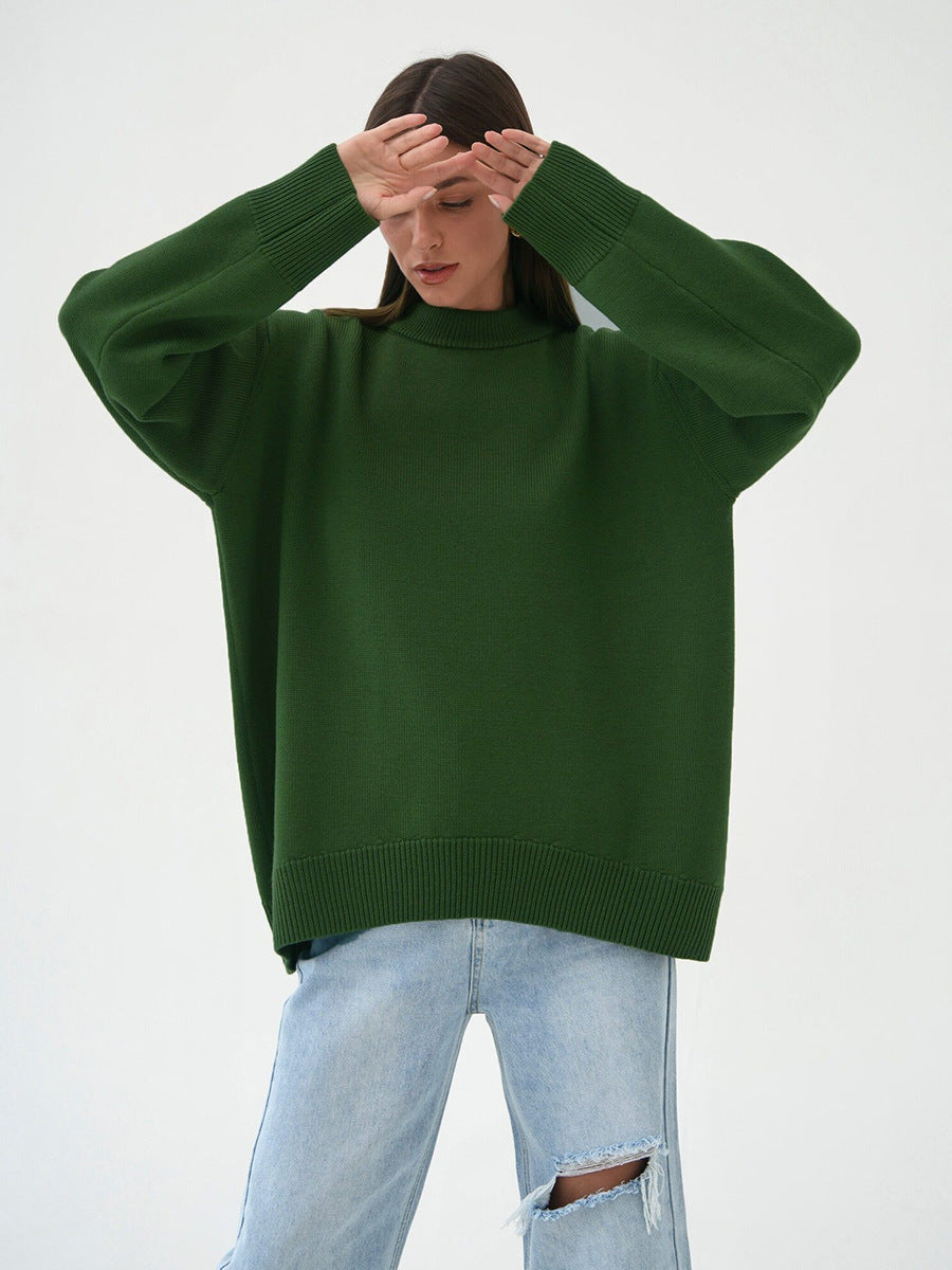 Green Relaxed High Neck Solid Sweater