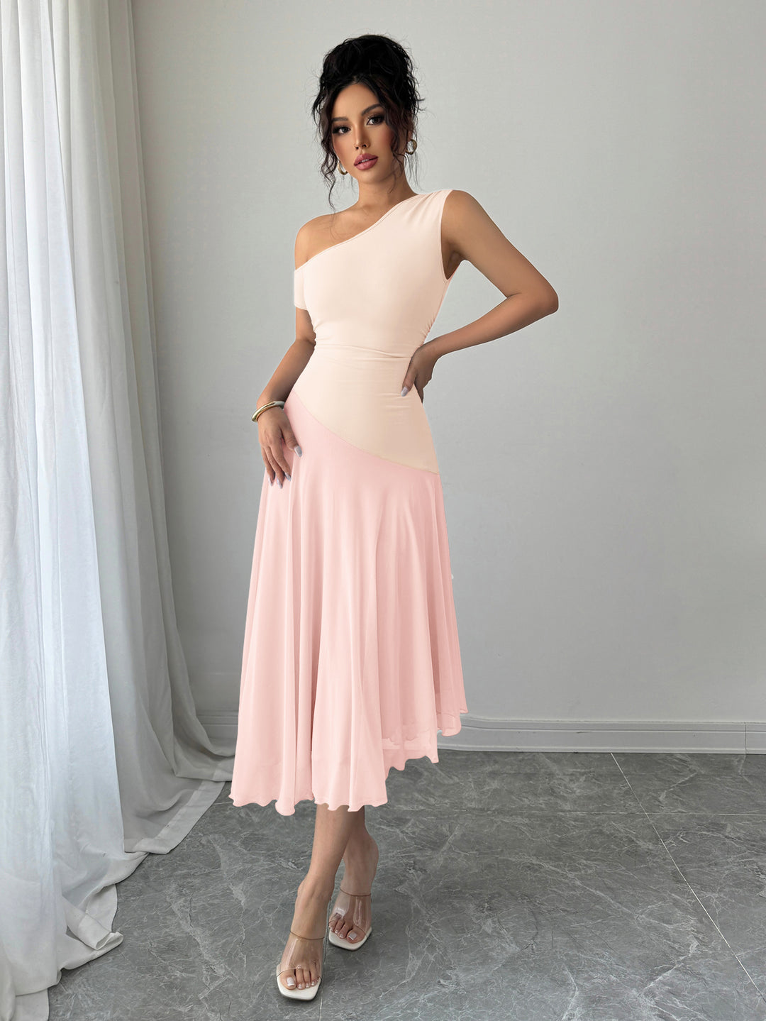 Pink One Shoulder Sleeveless Pleated Dress