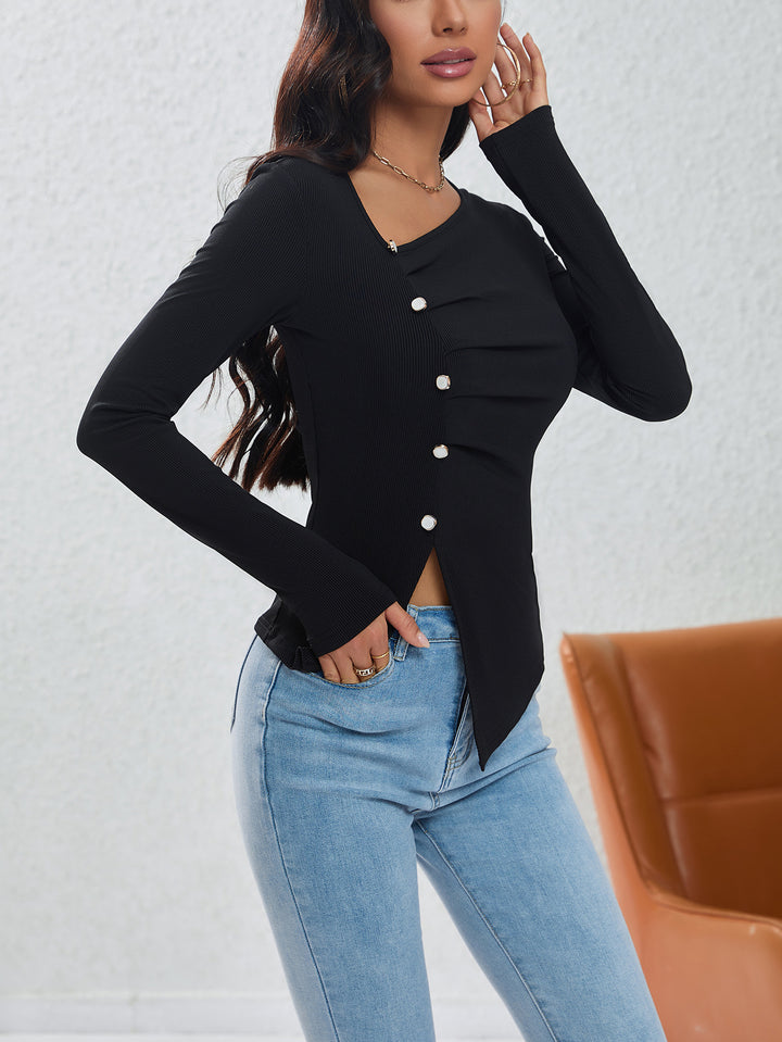 Black Side Button Down Fitted Top