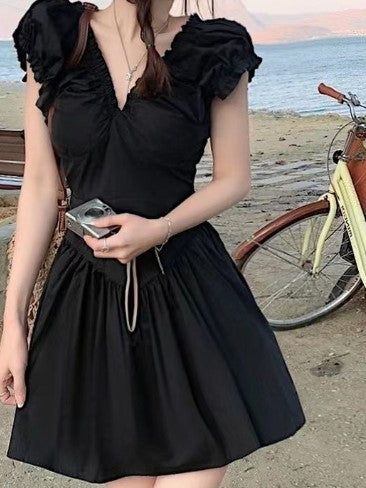 Black V Neck Fit And Flare Mini Dress