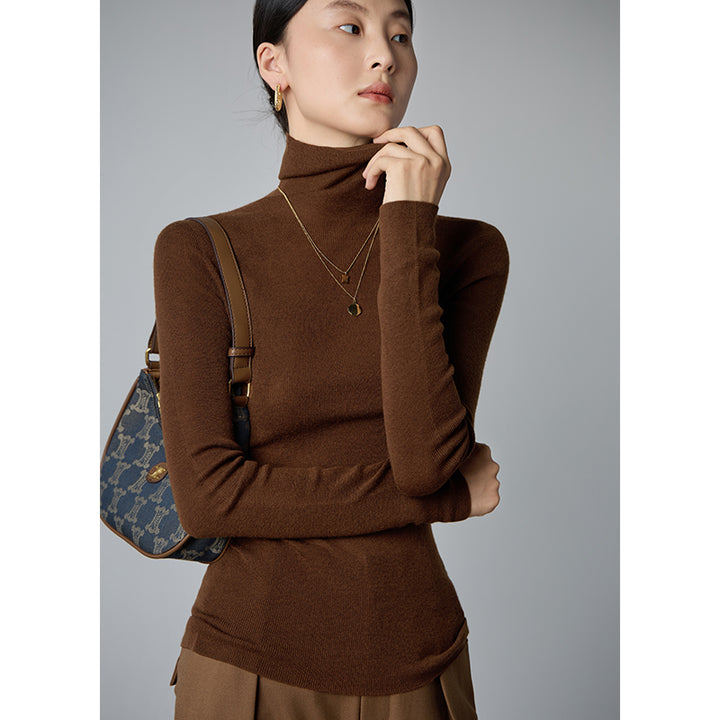 Brown Full Sleeve High Neck Fitted Tops