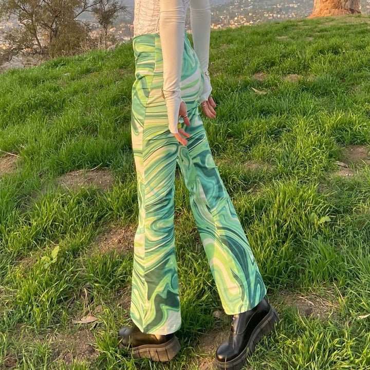 Green Printed Straight Fit Pants