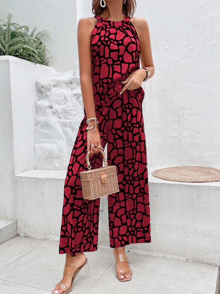 Red Printed Sleeveless Jumpsuit