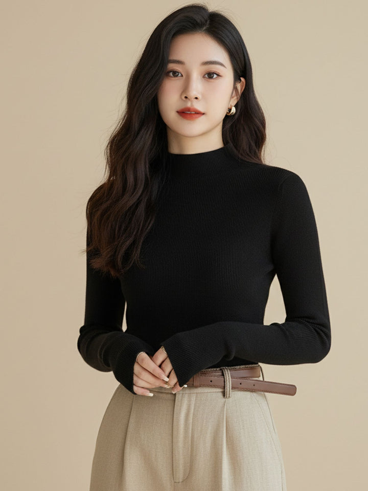 Navy Blue Full Sleeve High Neck Fitted Tops