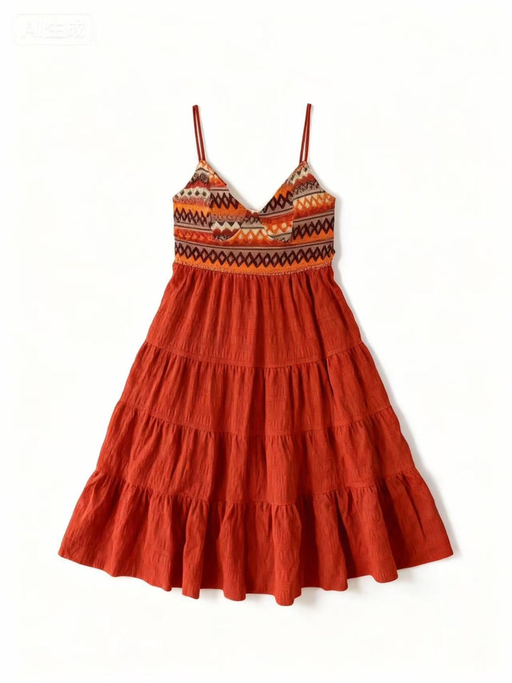 Orange Shoulder Strap Back Bow Tiered Dress
