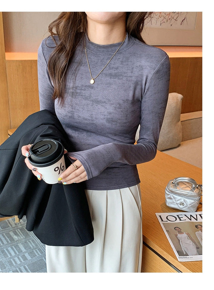 Blue Full Sleeve Crew Neck Abstract Printed Fitted Top