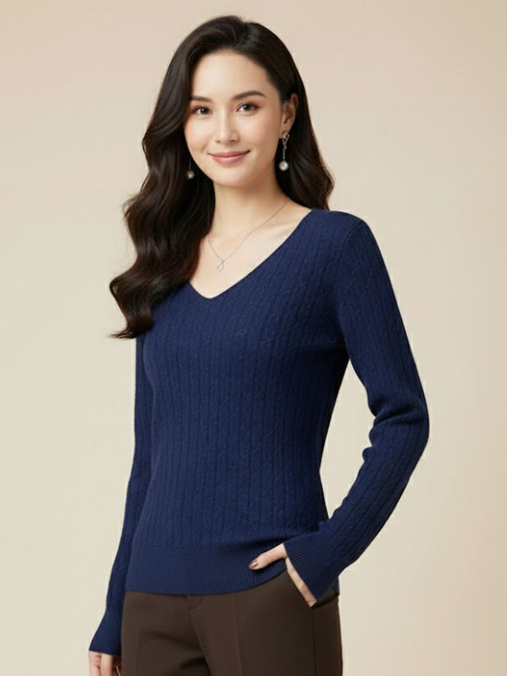 Blue Full Sleeve V Neck Relaxed Sweaters