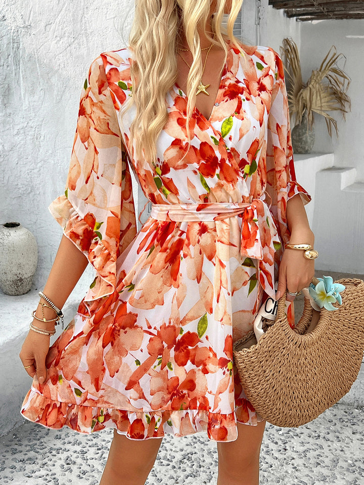 Orange V-Neck Bell Sleeves Mini Dress