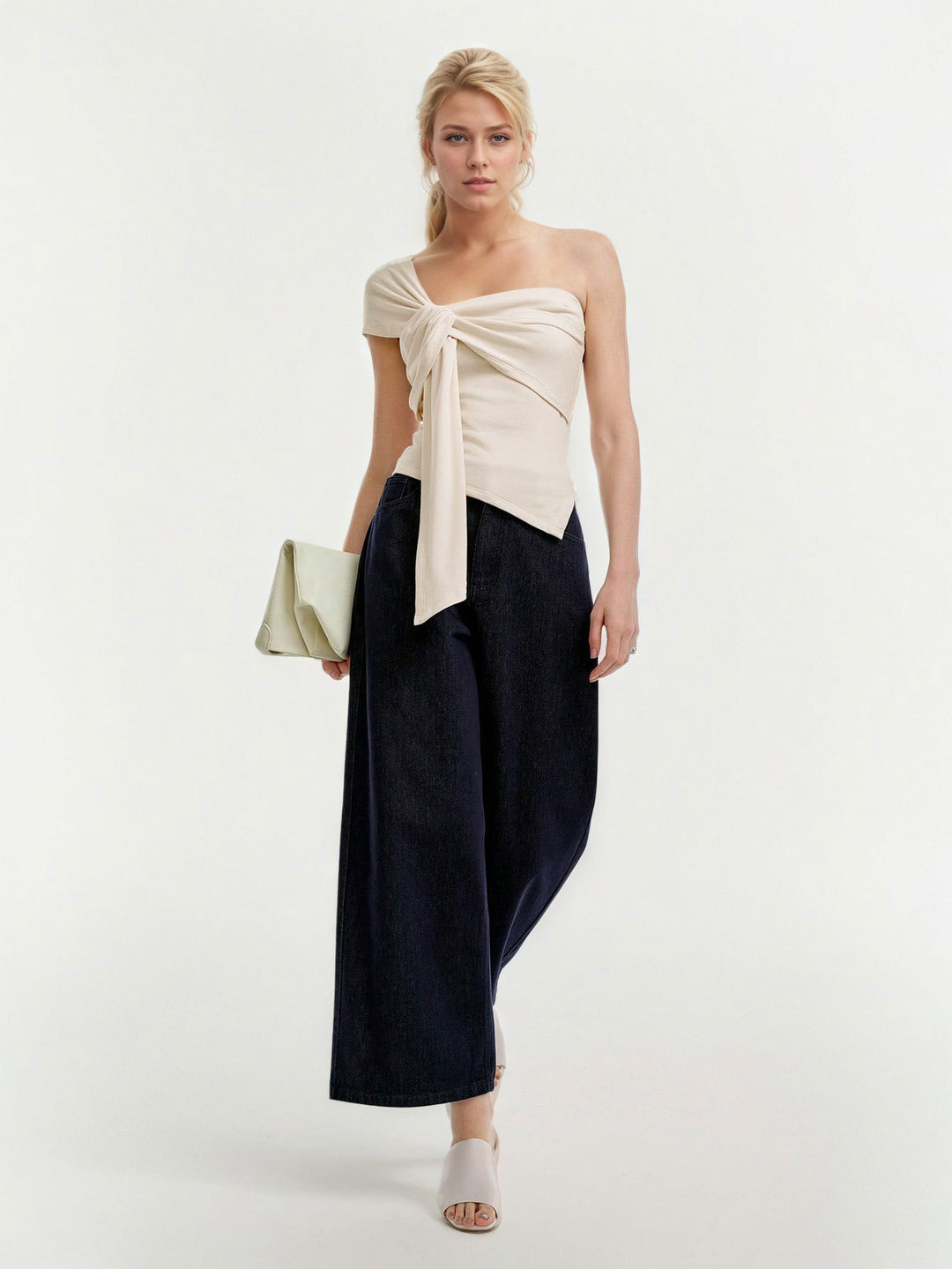 Cream One Shoulder Knot Front Sleeveless Top