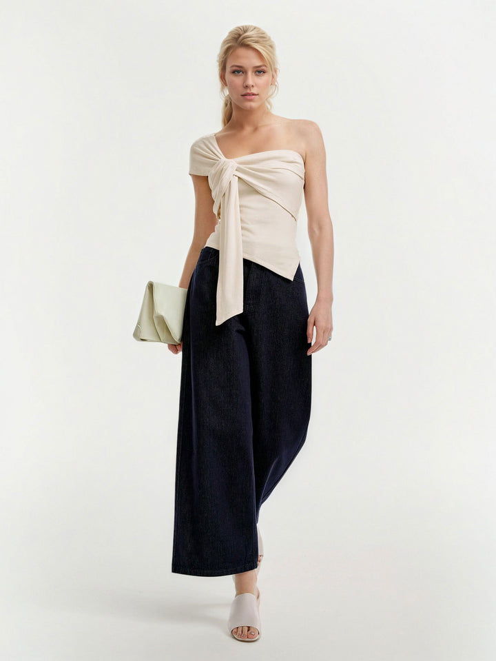 Cream One Shoulder Knot Front Sleeveless Top