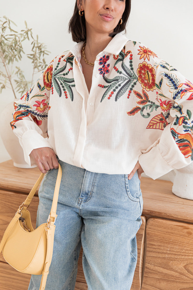 White Full Sleeve Embroidered Collared Top