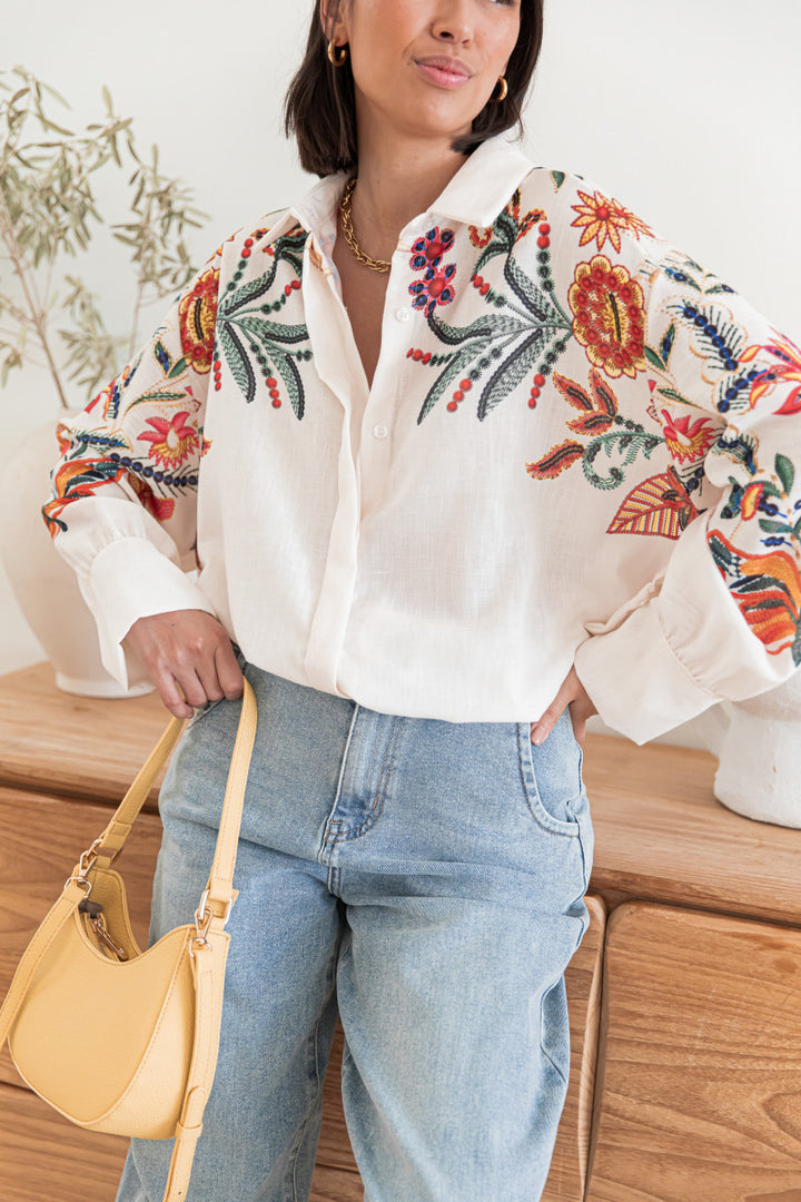 White Full Sleeve Embroidered Collared Top