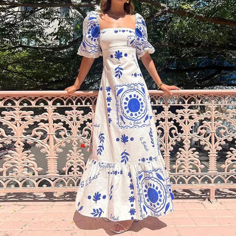 White Sqaure Neck Puff Sleeves Flared Dress