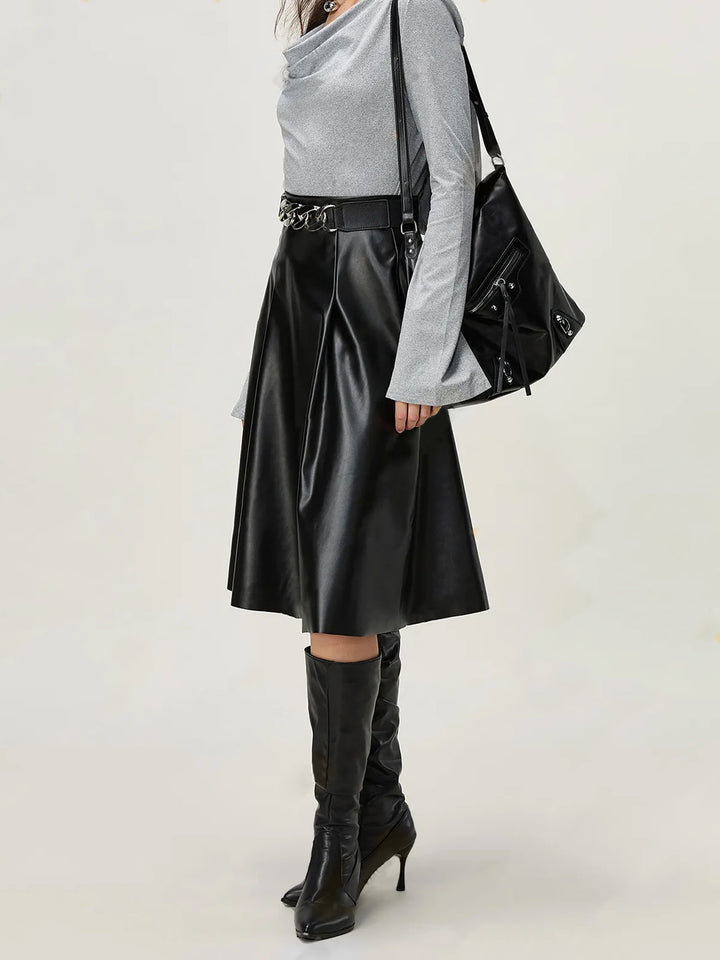Black Pu Flared Midi Skirt