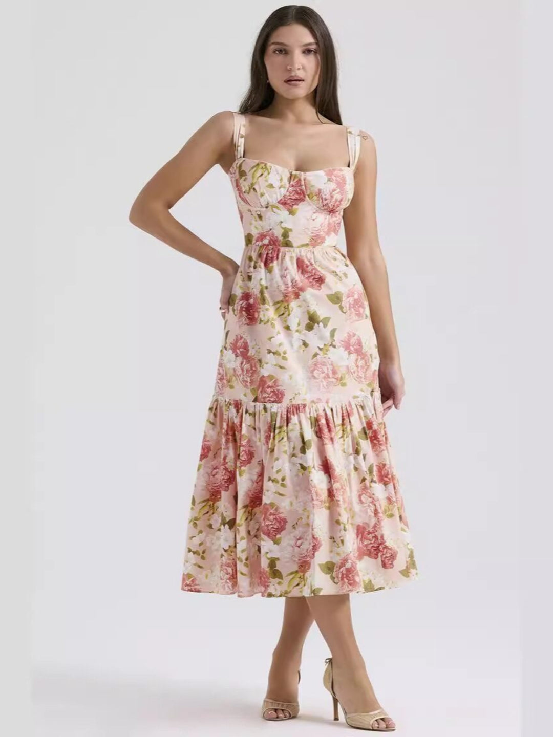 Pink Floral Printed Tiered A-Line Dress