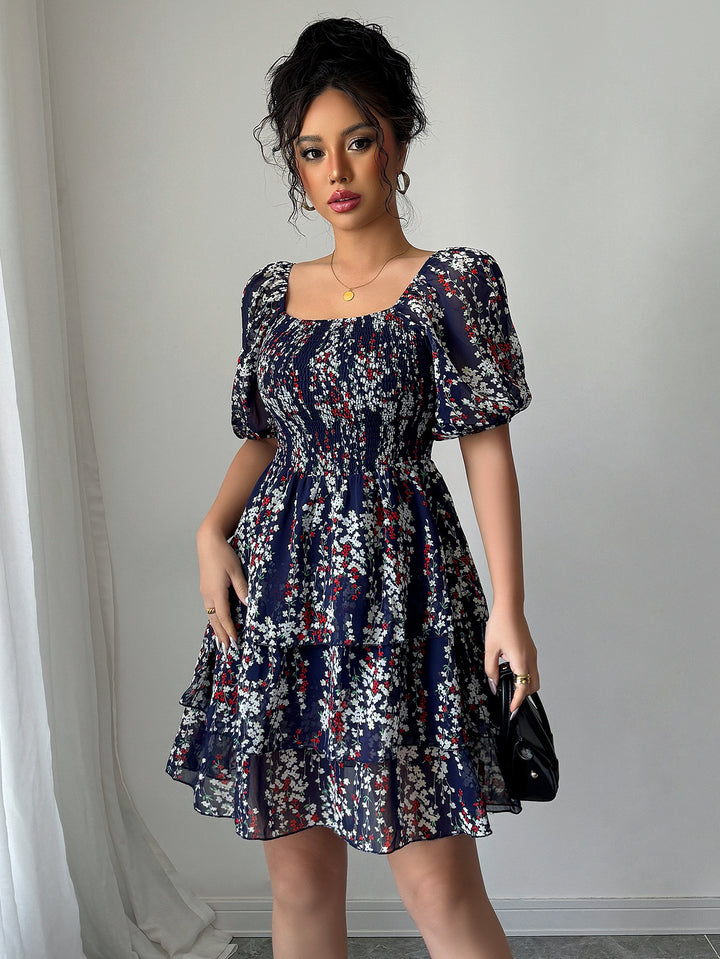 Blue Puff Sleeved Skater Dress